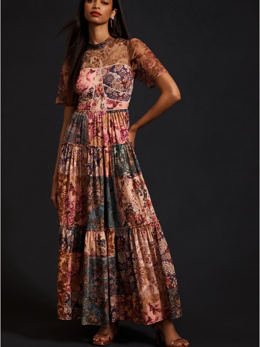 ANTHROPOLOGIE by GEISHA‎ DESIGNS Sheer Printed Maxi Dress in Brown Pattern 4 P